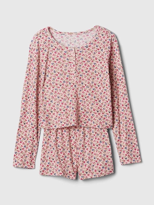 1 of 8 showing, with the color pink floral of product Kids Henley PJ Shorts Set