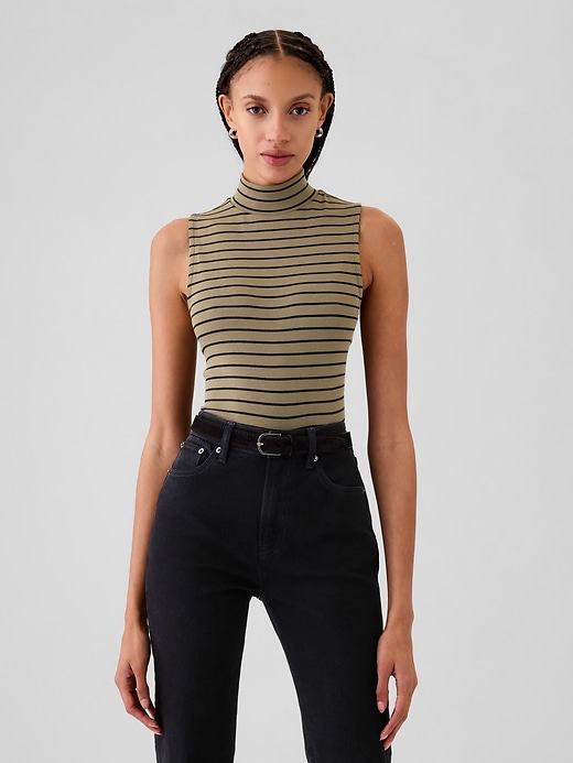 1 of 8 showing, with the color khaki tan and black stripe of product Modern Mockneck Tank Top