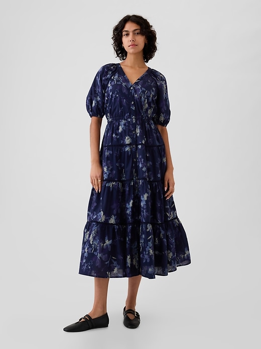 1 of 8 showing, with the color blue floral of product Tiered Maxi Shirtdress