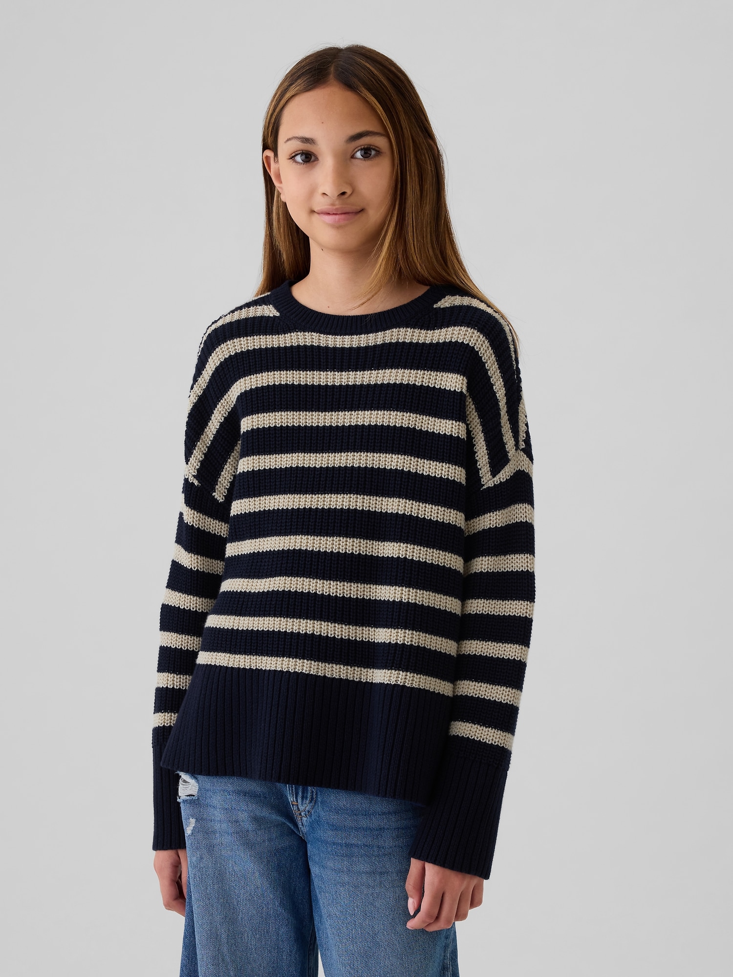 Girls Oversized Sweater by Gap Navy Stripe Size Xs 4 5