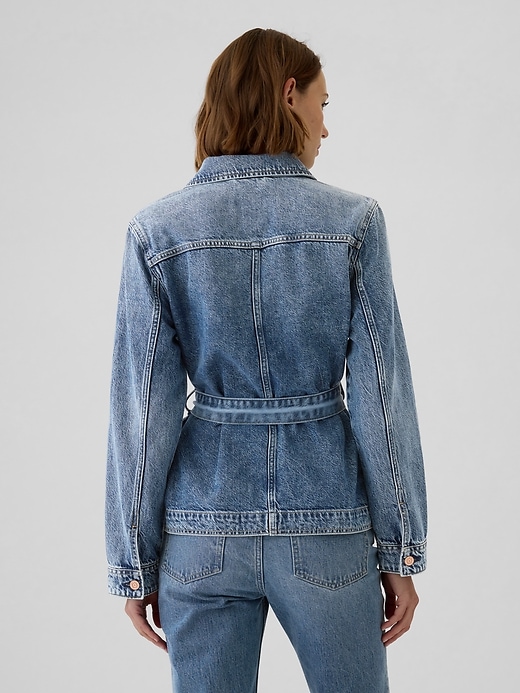 2 of 8 showing, with the color medium wash of product UltraSoft Belted Denim Jacket