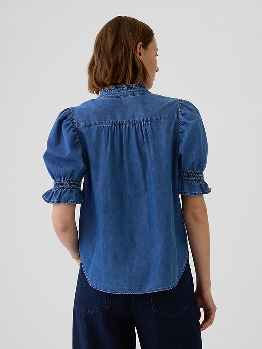 2 of 8 showing, with the color medium indigo of product Puff-Sleeve Denim Shirt