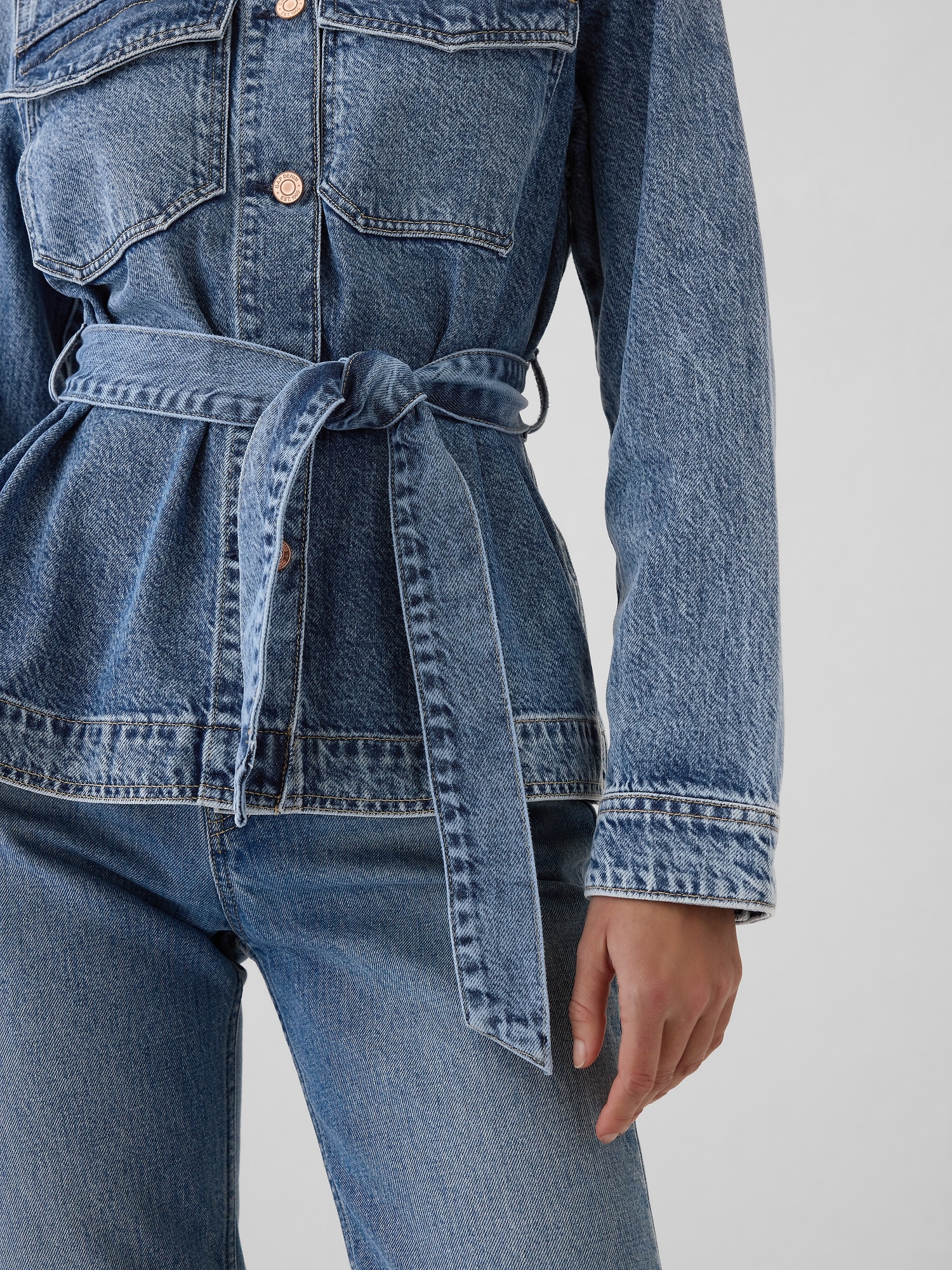 Denim jacket with belt shop