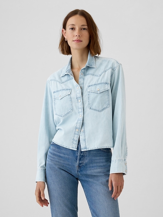 1 of 8 showing, with the color light wash of product Cropped Denim Western Shirt