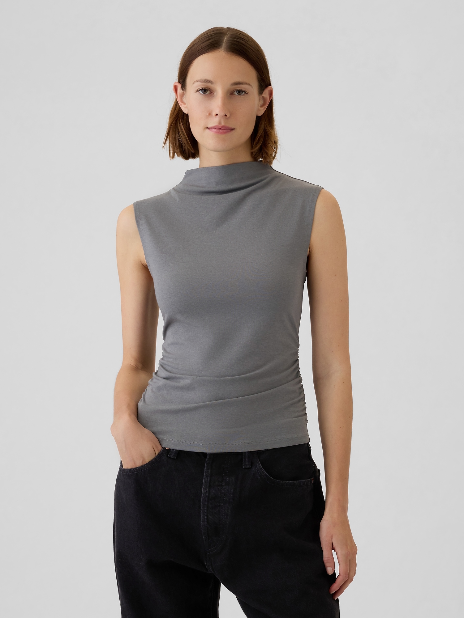 Modern Funnel-Neck Ruched Tank Top