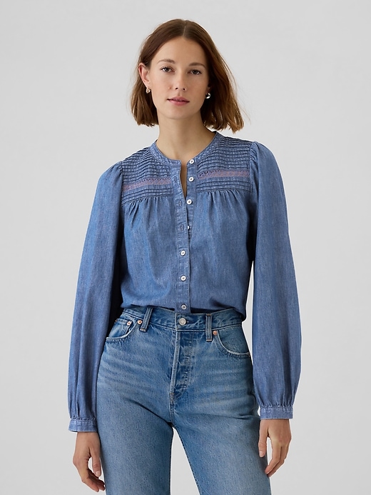 Image number 1 showing, Puff-Sleeve Lace-Trim Denim Shirt