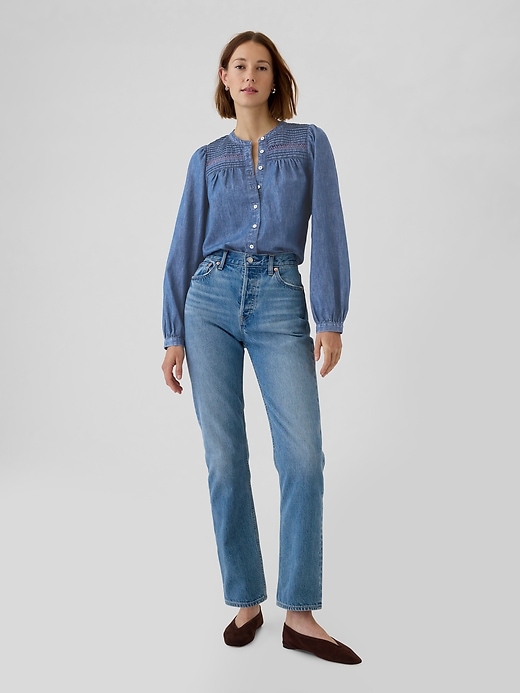 Image number 3 showing, Puff-Sleeve Lace-Trim Denim Shirt