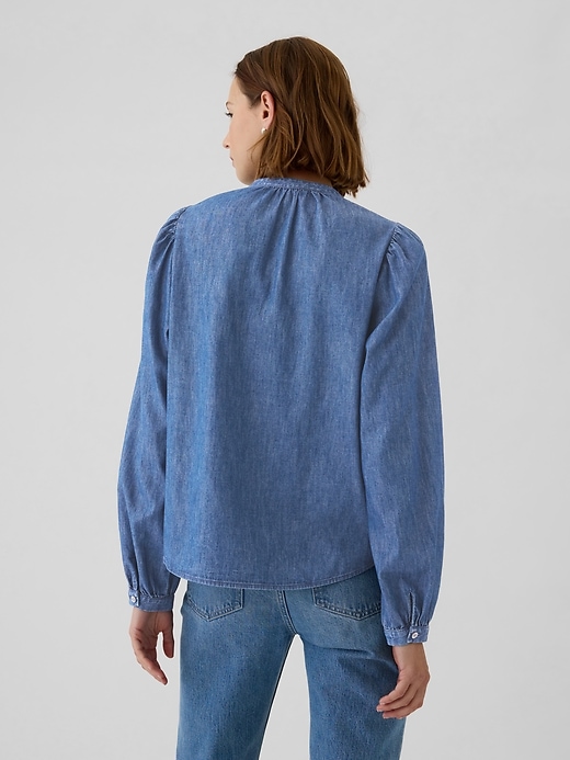 Image number 2 showing, Puff-Sleeve Lace-Trim Denim Shirt