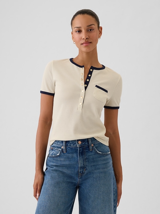 1 of 8 showing, with the color chino beige with navy blue of product Waffle Pocket Henley Shirt
