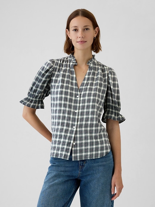 1 of 8 showing, with the color navy blue and green plaid of product Ruffled Puff-Sleeve Shirt