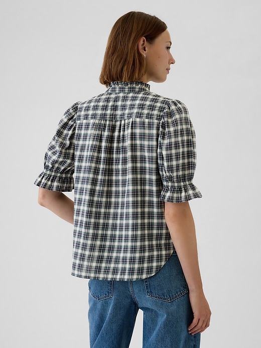 2 of 8 showing, with the color navy blue and green plaid of product Ruffled Puff-Sleeve Shirt
