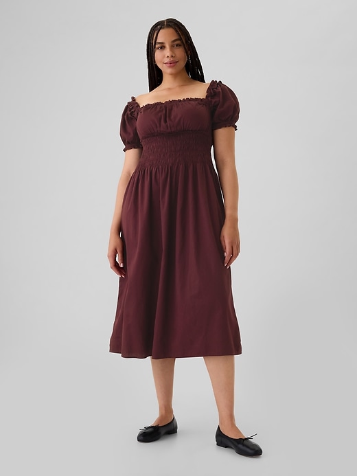 gap smocked midi dress Gap Smocked Square Neck Fit & Flare Midi Dress XXL Brown Peasant Satin Feminine