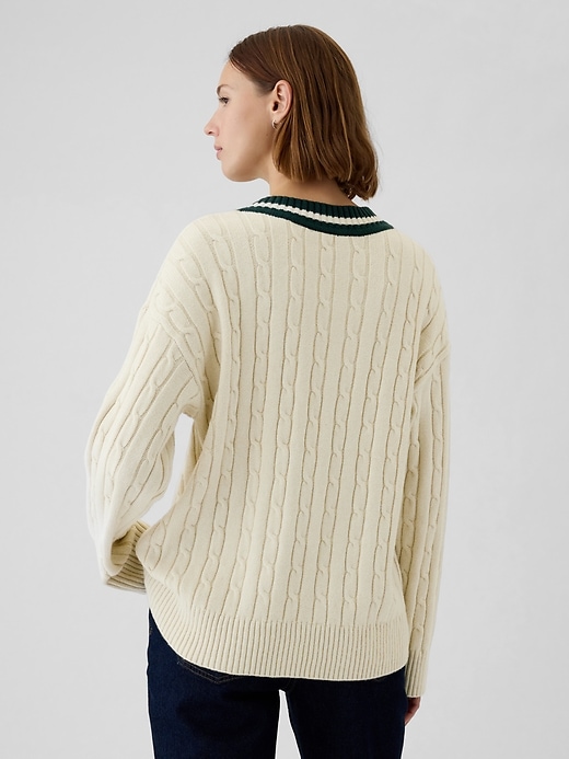 2 of 8 showing, with the color chino beige of product CashSoft Varsity Cable-Knit Sweater