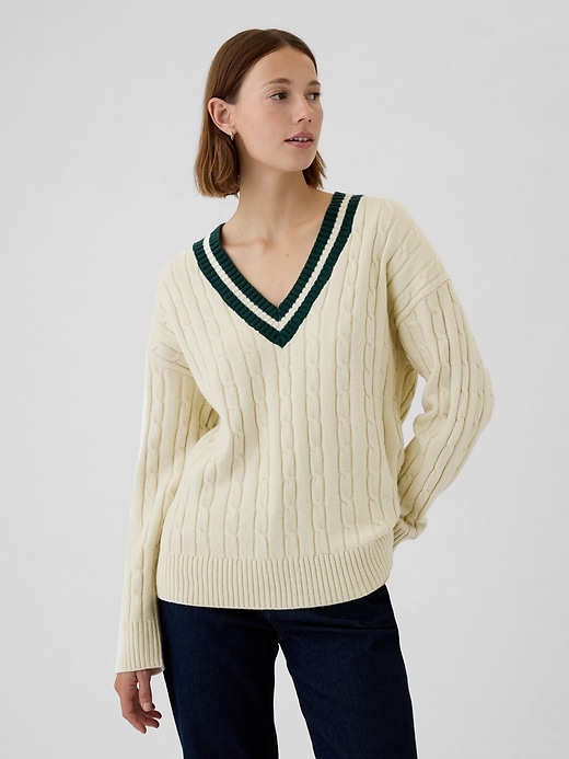 1 of 8 showing, with the color chino beige of product CashSoft Varsity Cable-Knit Sweater