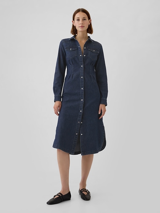 1 of 8 showing, with the color Dark wash of product Western Pleated Denim Midi Dress