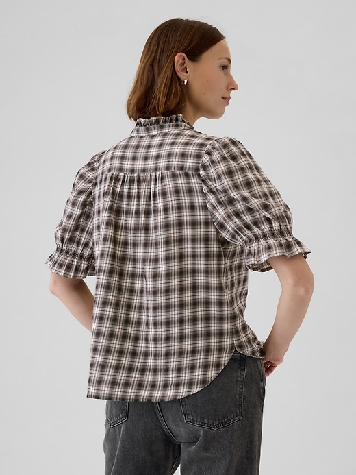2 of 8 showing, with the color black and brown plaid of product Ruffled Puff-Sleeve Shirt