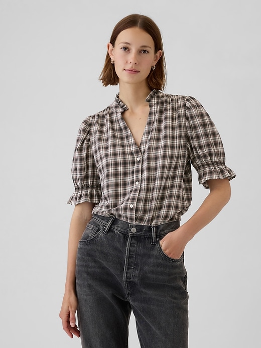 1 of 8 showing, with the color black and brown plaid of product Ruffled Puff-Sleeve Shirt