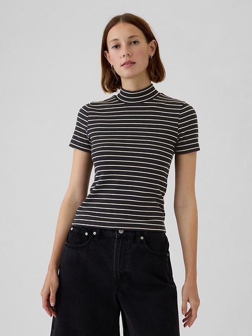1 of 8 showing, with the color black and khaki tan stripe of product Modern Rib Mockneck T-Shirt