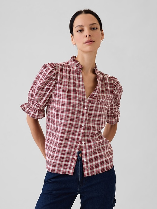 1 of 8 showing, with the color red plaid of product Ruffled Puff-Sleeve Shirt