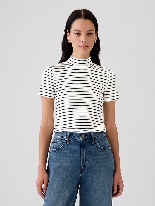 1 of 8 showing, with the color white and black stripe of product Modern Rib Mockneck T-Shirt