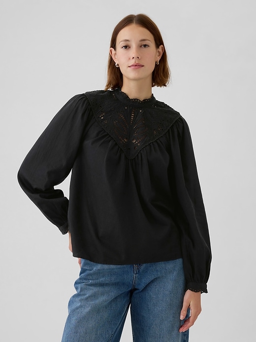 1 of 8 showing, with the color BLACK of product Embroidered Eyelet Top