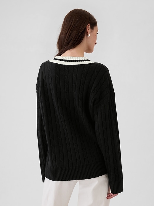 2 of 8 showing, with the color black of product CashSoft Varsity Cable-Knit Sweater