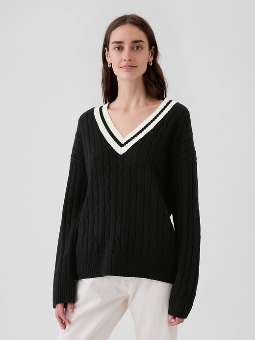 1 of 8 showing, with the color black of product CashSoft Varsity Cable-Knit Sweater