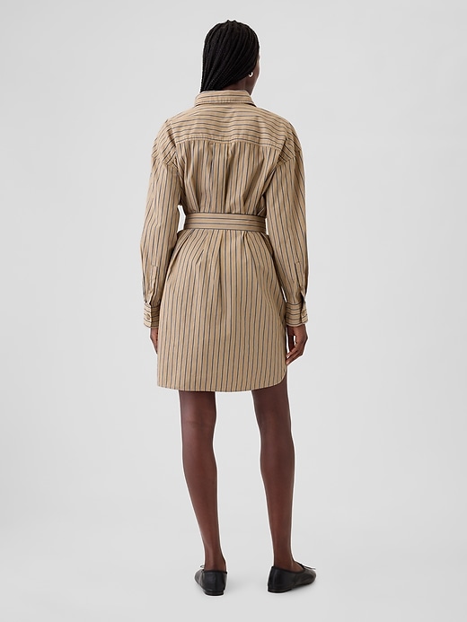 2 of 8 showing, with the color khaki tan and blue stripe of product Organic Cotton Striped Mini Shirtdress