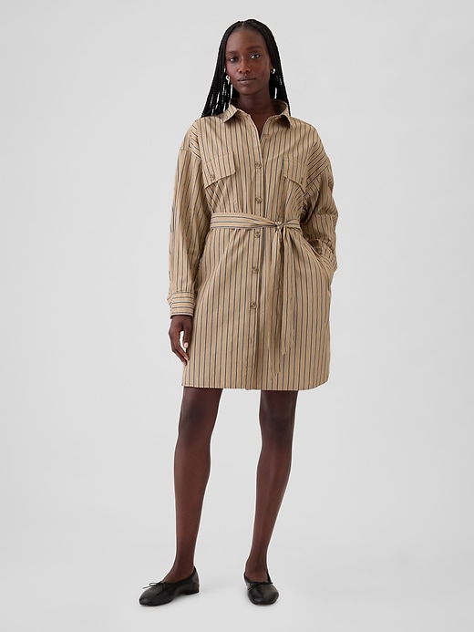 1 of 8 showing, with the color khaki tan and blue stripe of product Organic Cotton Striped Mini Shirtdress