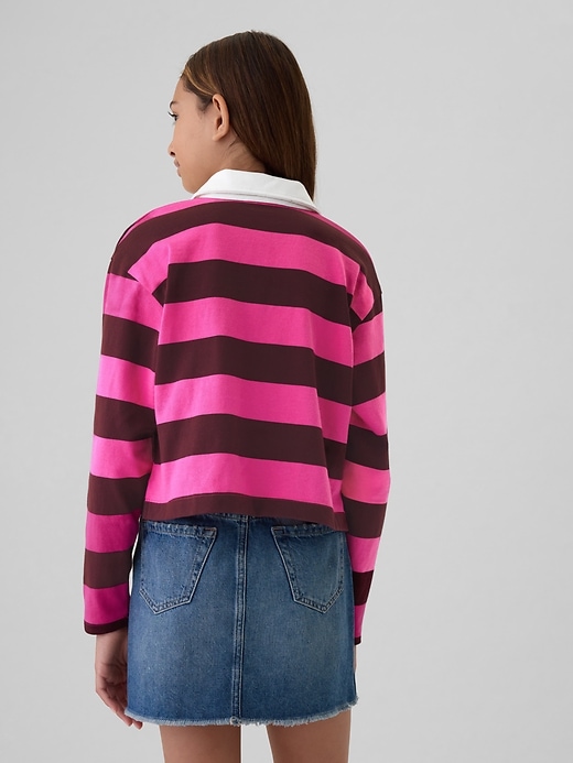 2 of 8 showing, with the color burgundy pink stripe of product Kids Cropped Rugby Polo Shirt