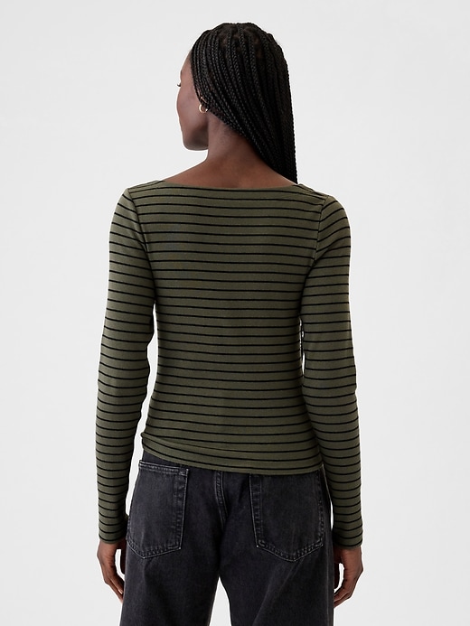 2 of 8 showing, with the color olive green and black stripe of product Modern Rib Cropped Boatneck T-Shirt
