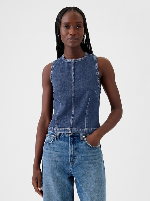 1 of 8 showing, with the color medium indigo of product Cropped Denim Shell Tank Top
