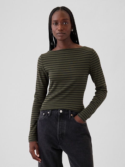 1 of 8 showing, with the color olive green and black stripe of product Modern Rib Cropped Boatneck T-Shirt