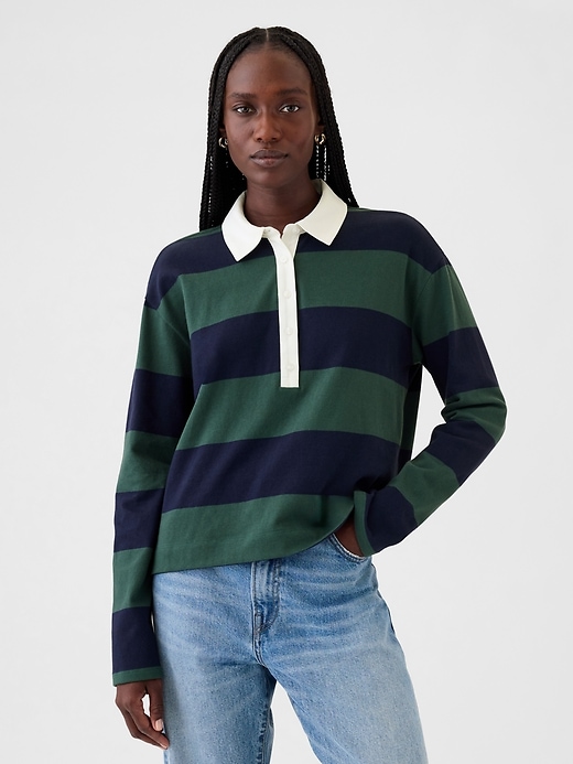 1 of 8 showing, with the color navy blue and green stripe of product Cropped Rugby Polo Shirt
