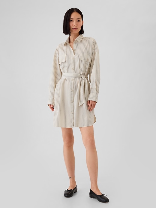 1 of 8 showing, with the color beige stripe of product Organic Cotton Striped Mini Shirtdress