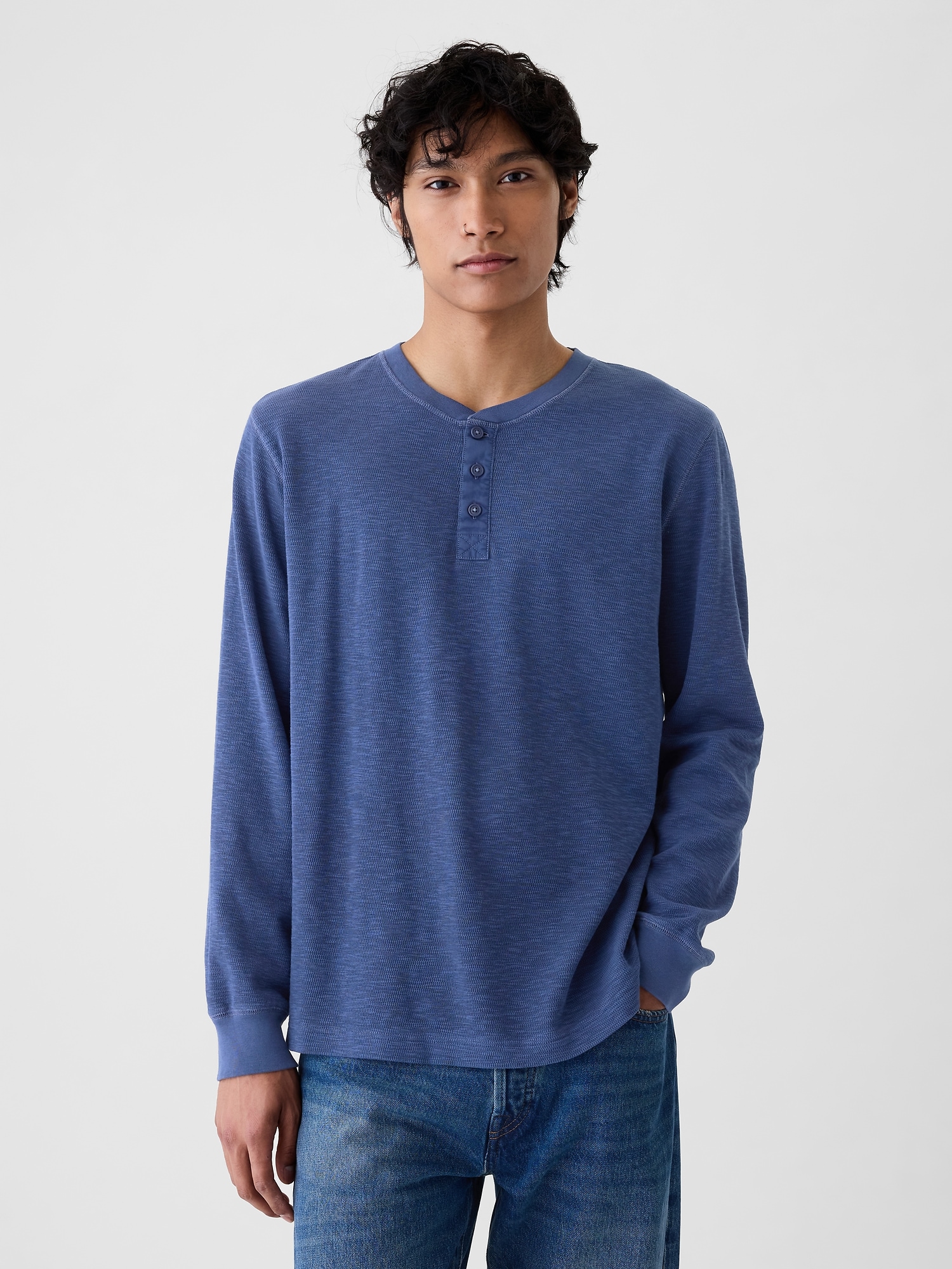 Graphpaper / Waffle L/S Henley Neck Tee -NAVY-