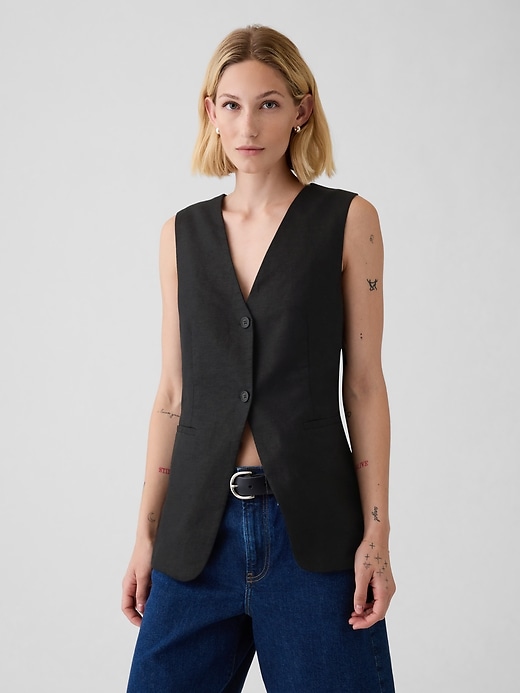 1 of 8 showing, with the color true black of product Linen-Cotton Longline Vest