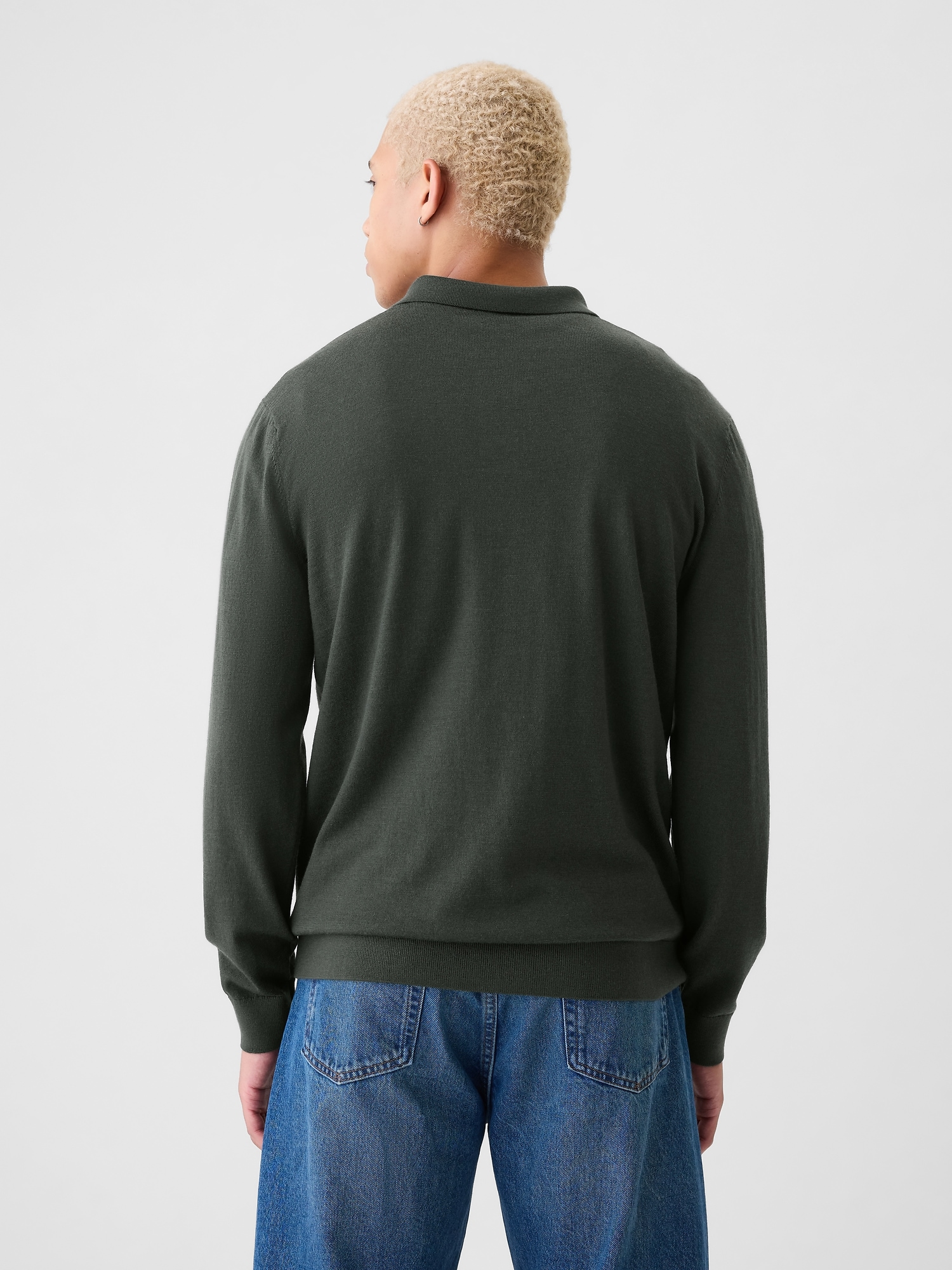 Мужской свитер Gap Merino Polo Sweater, цвет: Вечнозелёный — фото 2