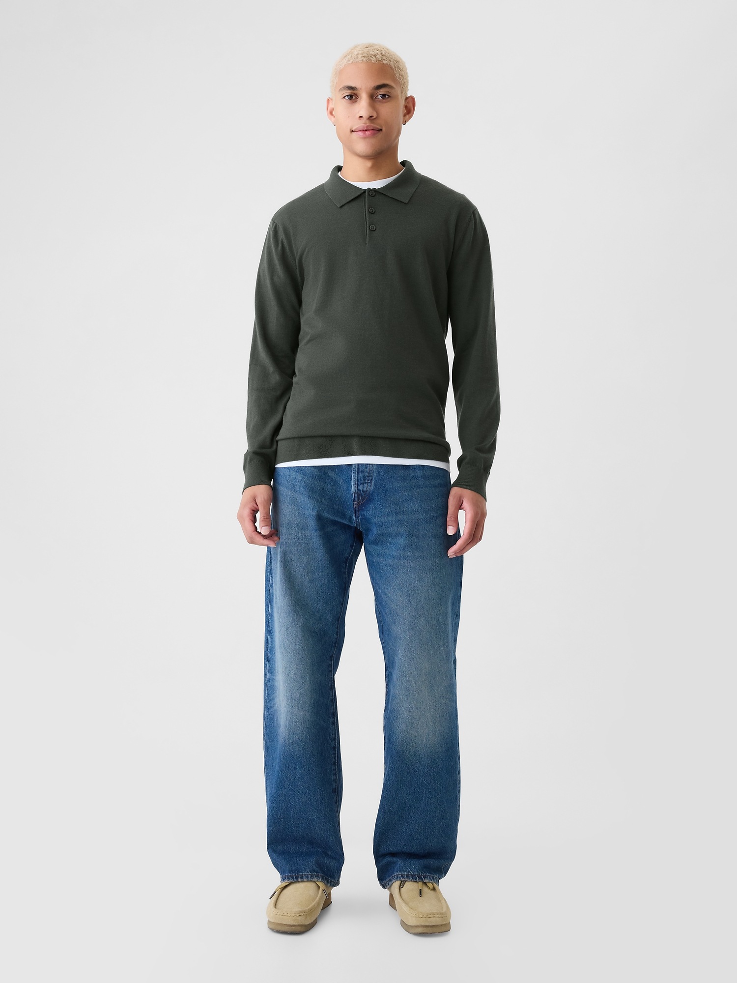 Мужской свитер Gap Merino Polo Sweater, цвет: Вечнозелёный — фото 3