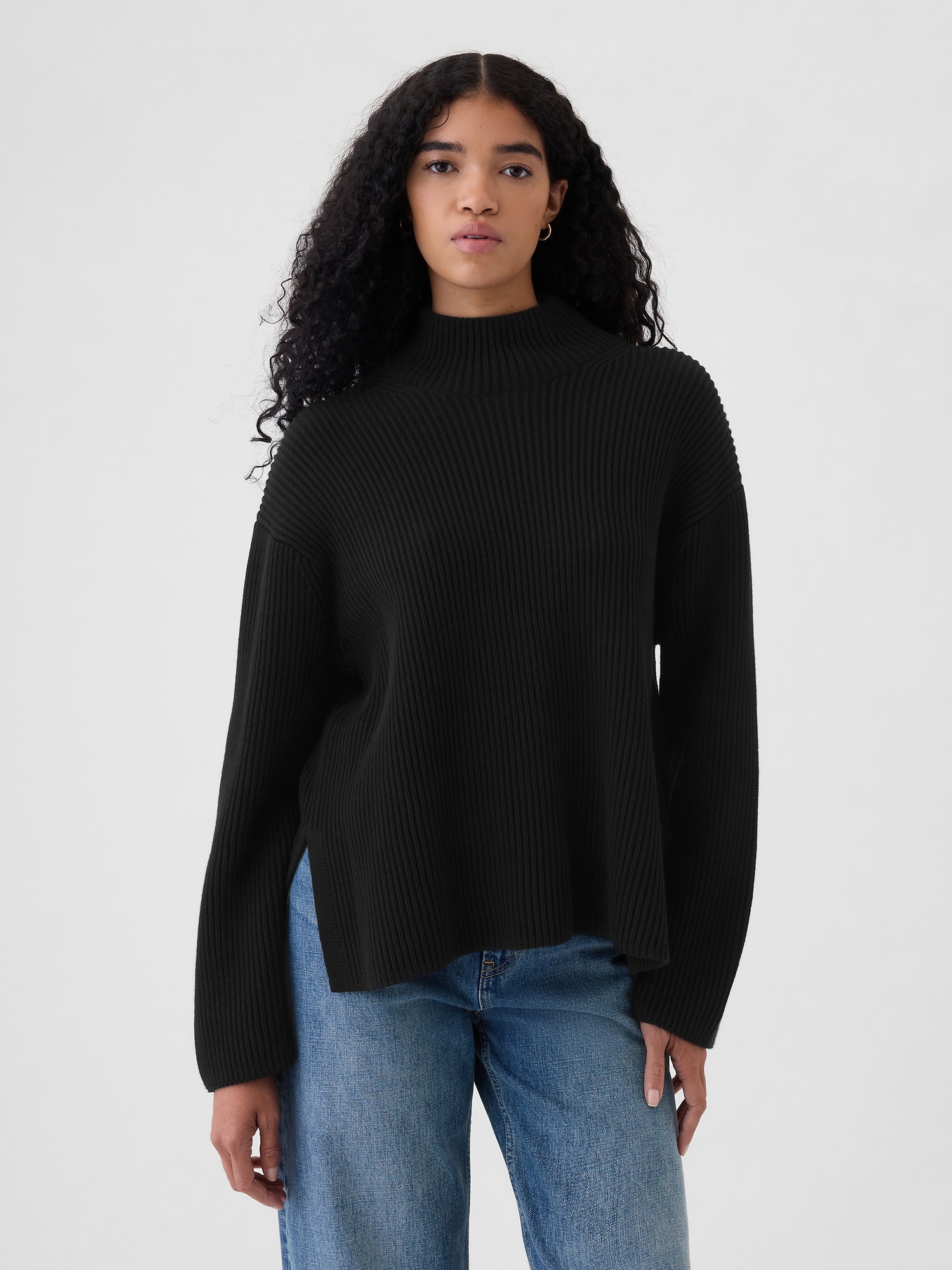 100% Cotton Oversized Split-Hem Mockneck Sweater