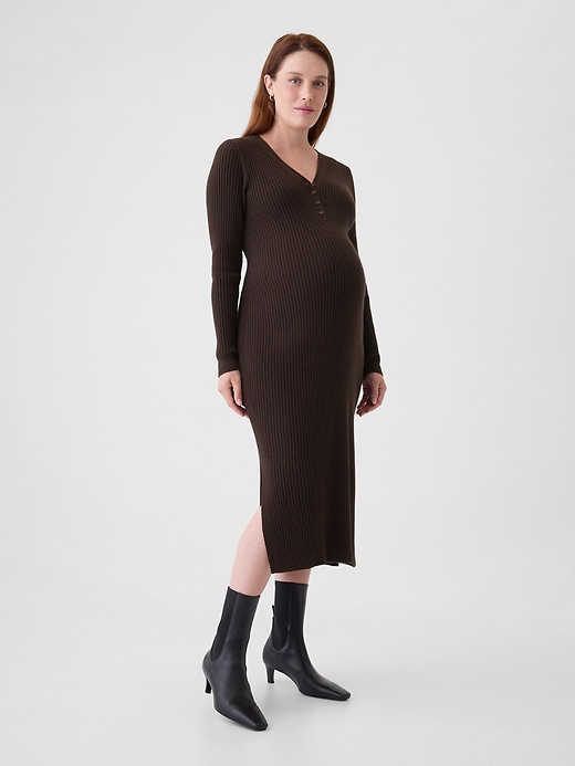 Image number 1 showing, Maternity CashSoft Rib Henley Midi Sweater Dress