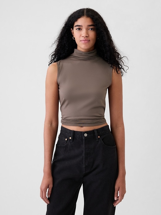 1 of 8 showing, with the color plymouth rock brown of product Featherweight Turtleneck Tank Top