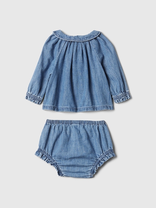 2 of 8 showing, with the color medium indigo of product Baby Ruffle Denim Outfit Set
