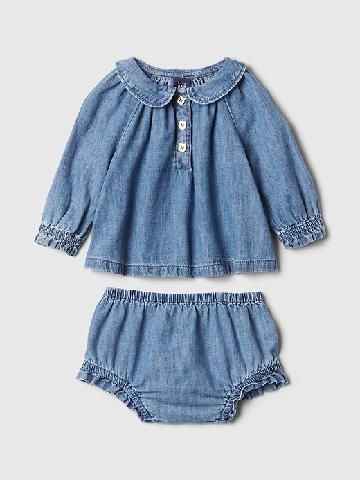 1 of 8 showing, with the color medium indigo of product Baby Ruffle Denim Outfit Set