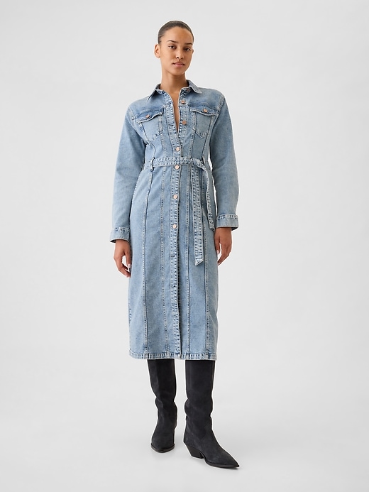 1 of 8 showing, with the color light wash of product Belted Denim Midi Dress