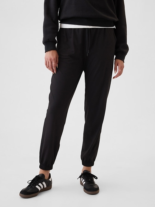 2 of 8 showing, with the color true black of product GapFit Lightweight Brushed Jersey Joggers