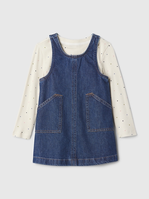 1 of 8 showing, with the color Dark wash of product Baby & Toddler Denim Jumper Outfit Set
