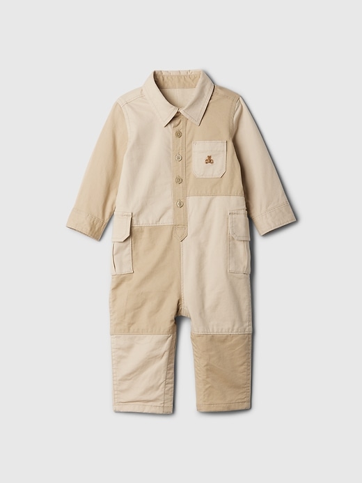 1 of 8 showing, with the color bedrock beige of product Baby Colorblock Utility One-Piece