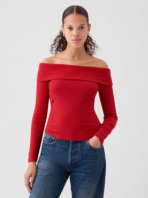 1 of 8 showing, with the color modern red of product Modern Rib Off-Shoulder Cropped Top