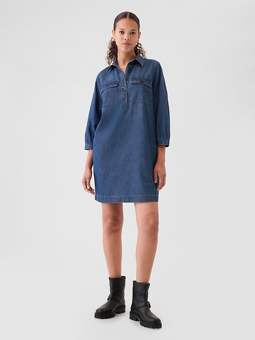 1 of 8 showing, with the color dark indigo of product Denim Utility Mini Shirtdress